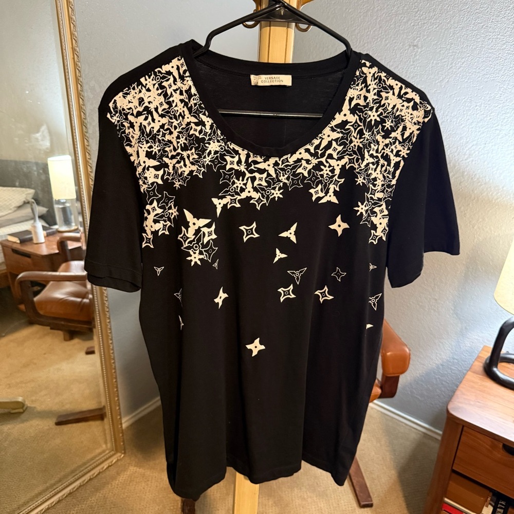 Versace Collection Black White Luxury Shuriken Graphic Designer Tee Shirt Italy